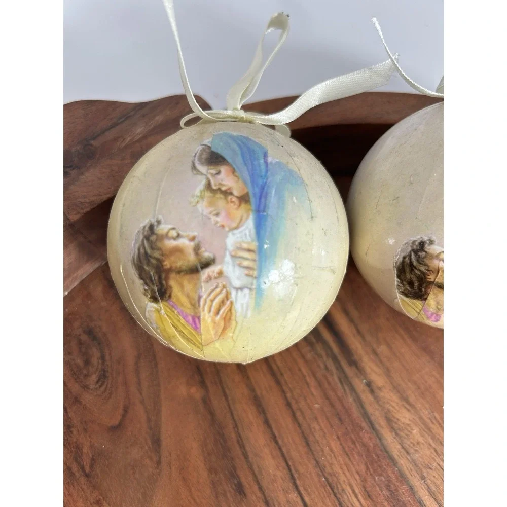Vintage Peace On‎ Earth Ornament Set Baby Jesus Paper Decoupage- Estate Find